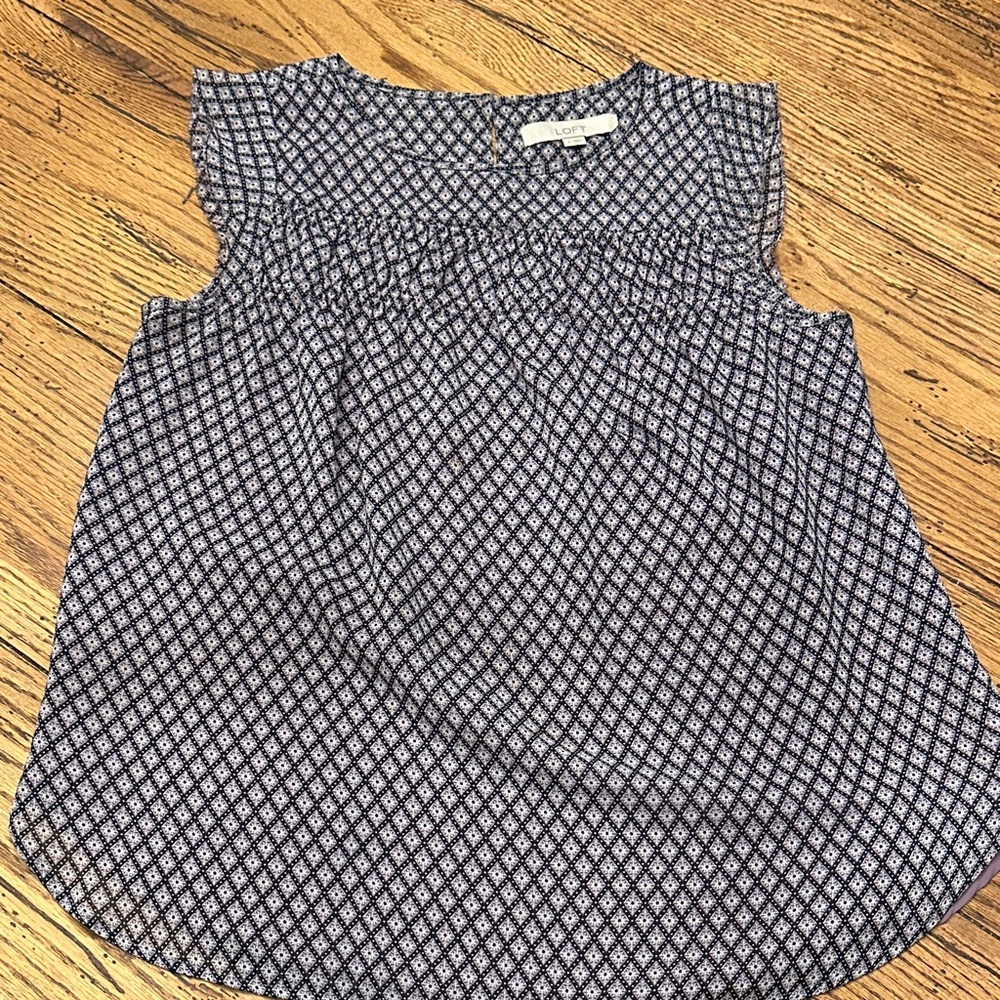 LOFT Black, Purple, White Geometric Smocked Blouse